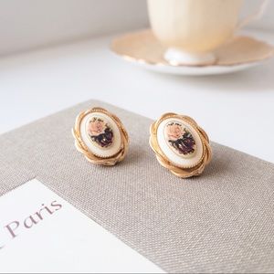 Gold Vintage Style Victorian Pink Rose Earrings